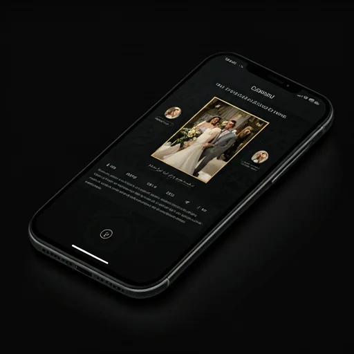 GlowRoll app interface showing a cinematic shared photo gallery of a luxury wedding with golden accents and guest avatars